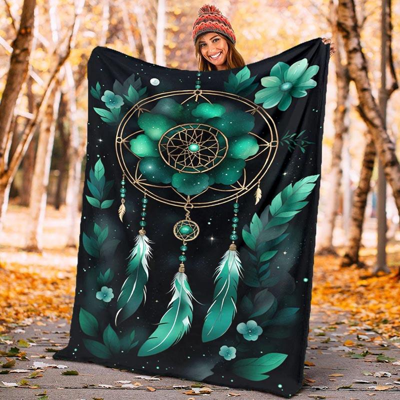 1pc Green Dream Catcher Printing Lightweight Flannel Blanket, Comfortable and Warm Blanket, for Camping Sofa Bed and Couch Office, Suitable f