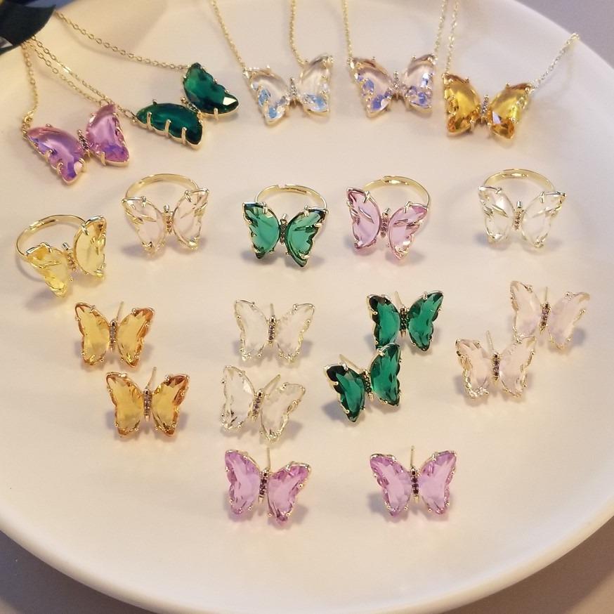

Dreamy Crystal Butterfly Korean Jewelry Set: Copper Zircon Earrings, Rings, & Necklaces