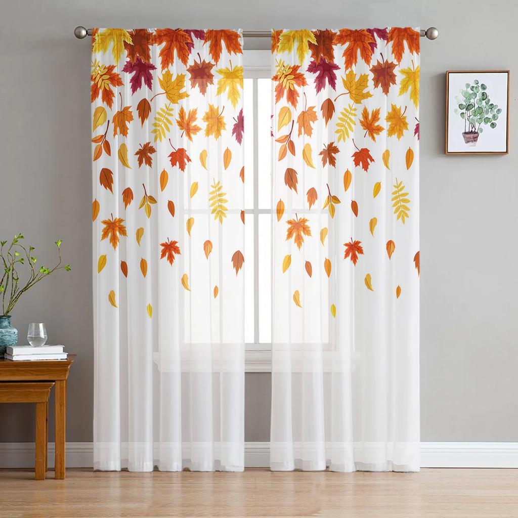 Maple Leaf Autumn Forest Landscape Tulle Curtains Living Room Bedroom Decoration Voile Window Party Drapes Curtain Sheer Polyester Ideal For Area