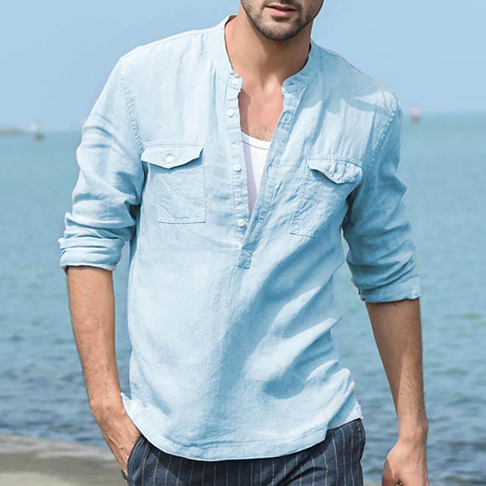 

Дизайнерские весенне-летние мужские повседневные рубашки из хлопка и льна, однотонные рубашки с длинными рукавами, свободные рубашки с воротником-стойкой L