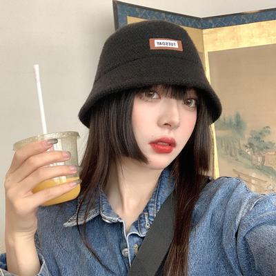 Autumn and Winter Korean Version of All Match Label Letters Black Knitted Round Face To Make You Look Slim In Summer Sunscreen Bucket Basin Hat