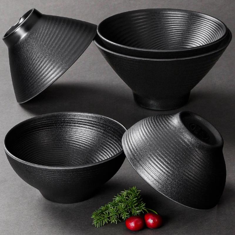 Restaurant Melamine Tableware, Soup Bowls, Noodle Bowls, Threaded Frosted Black Plastic Bowls, Thick and Large Capacity