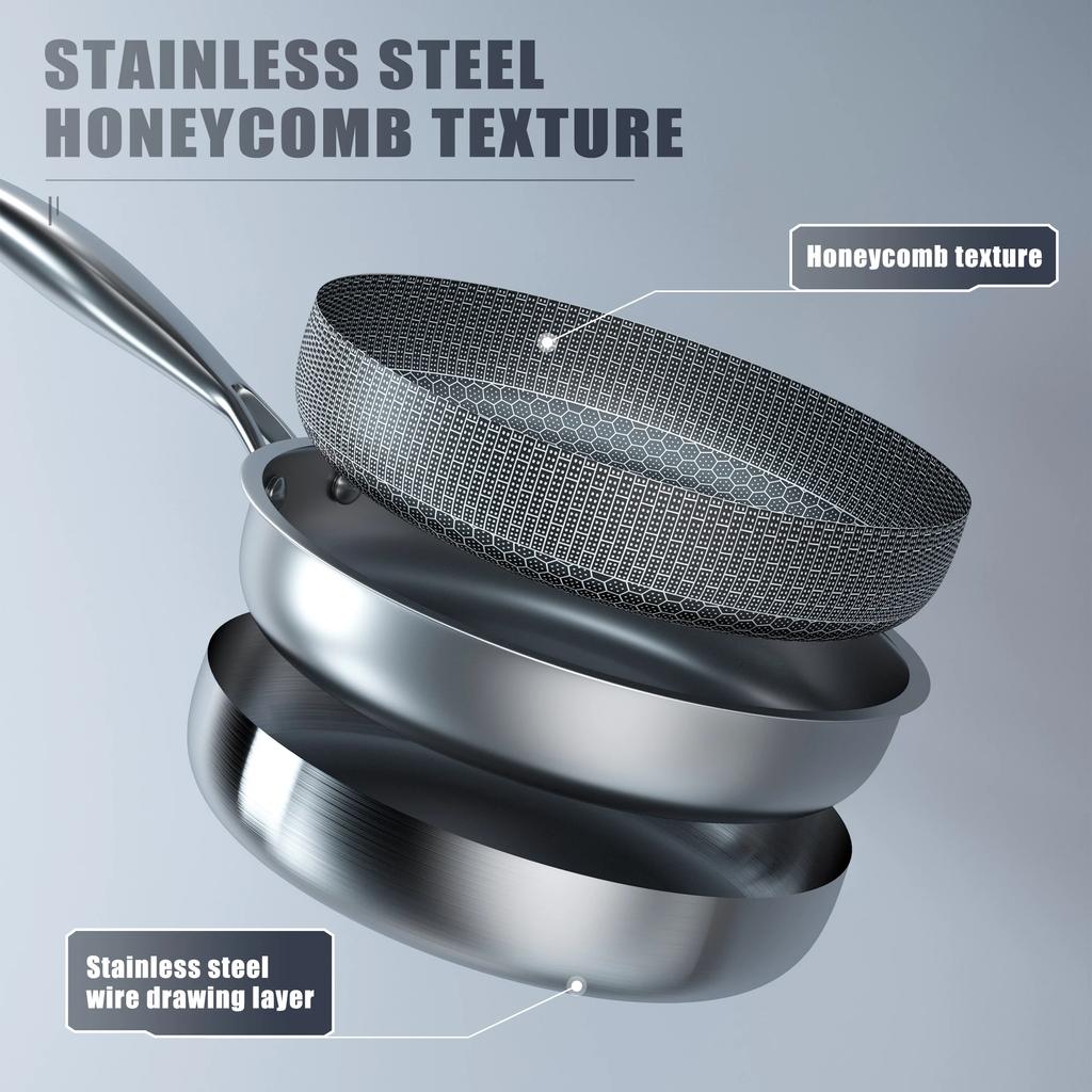 26/28cm With Glass lid Frying Pan Stainless Steel Cooking Pot Non Stick for Cooking Steak Pancake Egg for induction Cooker