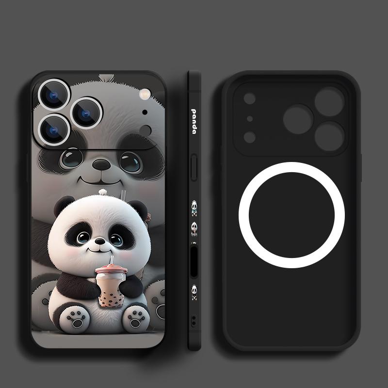For iPhone 17 Pro Max Case Milk tea-drinking Panda Magnetic For Magsafe Silicone Cover For iPhone 16 Pro Max Funda iPhone 15 14 13 12 11 16E Air