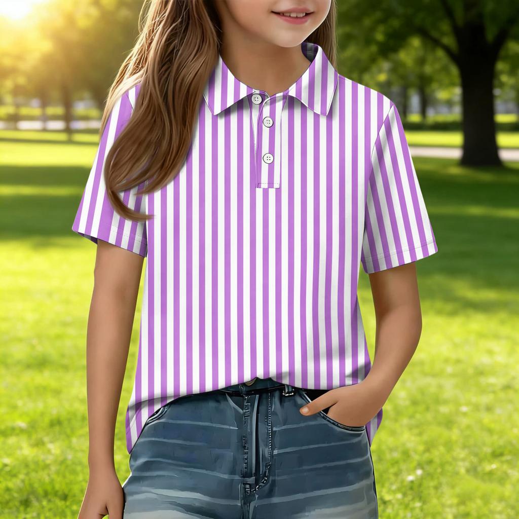 Kids Casual Short Sleeve Polo Shirt Striped Print Button Down Collar Lightweight Breathable Top for Boys Girls Summer Wear