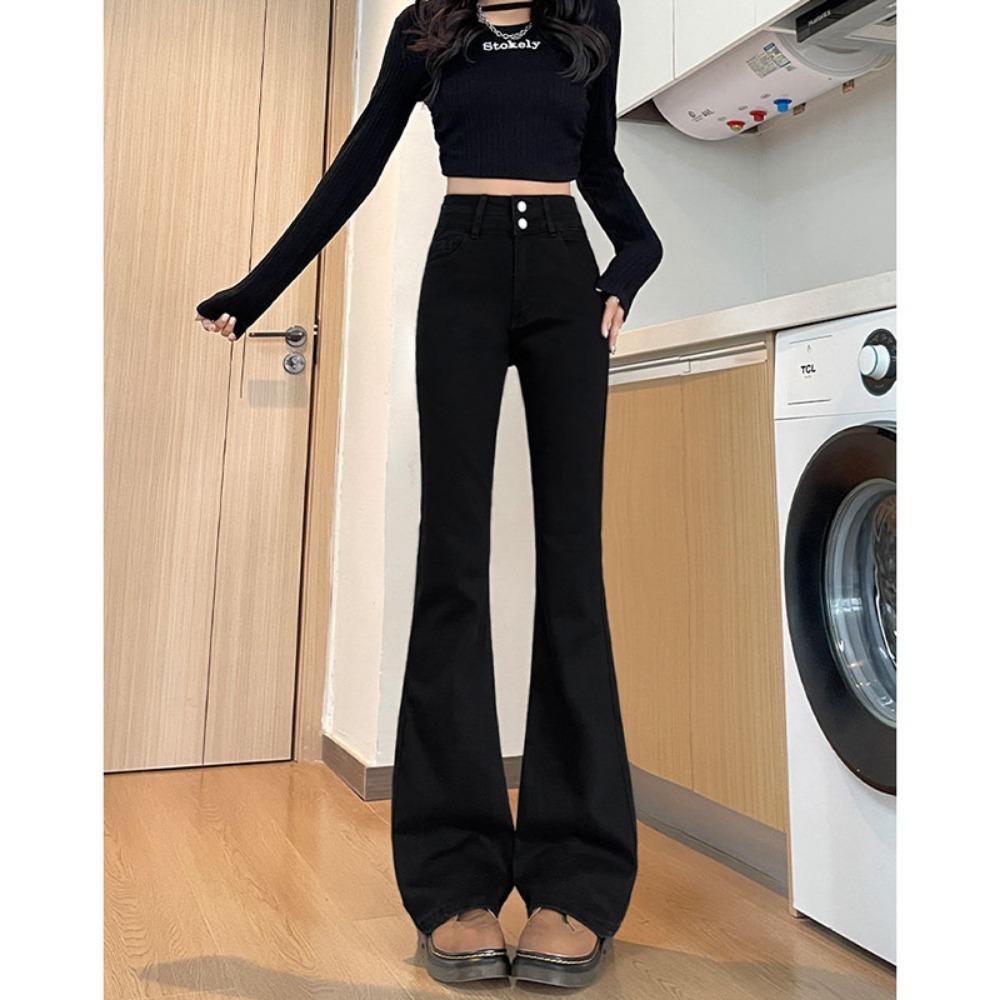 Autumn and winter new micro-pull double-button jeans women's small American retro high-waisted thin flared trousers