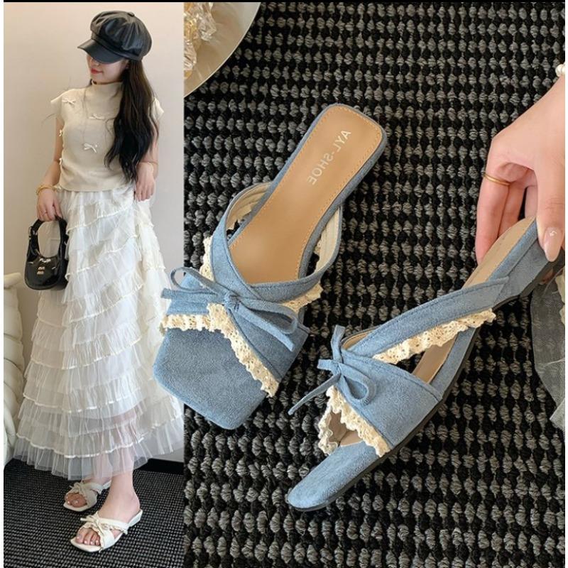 

2025 Designer Summer Butterfly-knot Lace Women Slippers Casual Thick Low Heel Dress Street Style Slides 35 синий