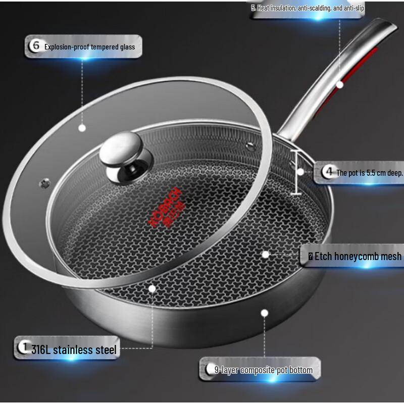 KOBACH 26cm 316 Stainless Steel Honeycomb Non-Stick Frying Pan