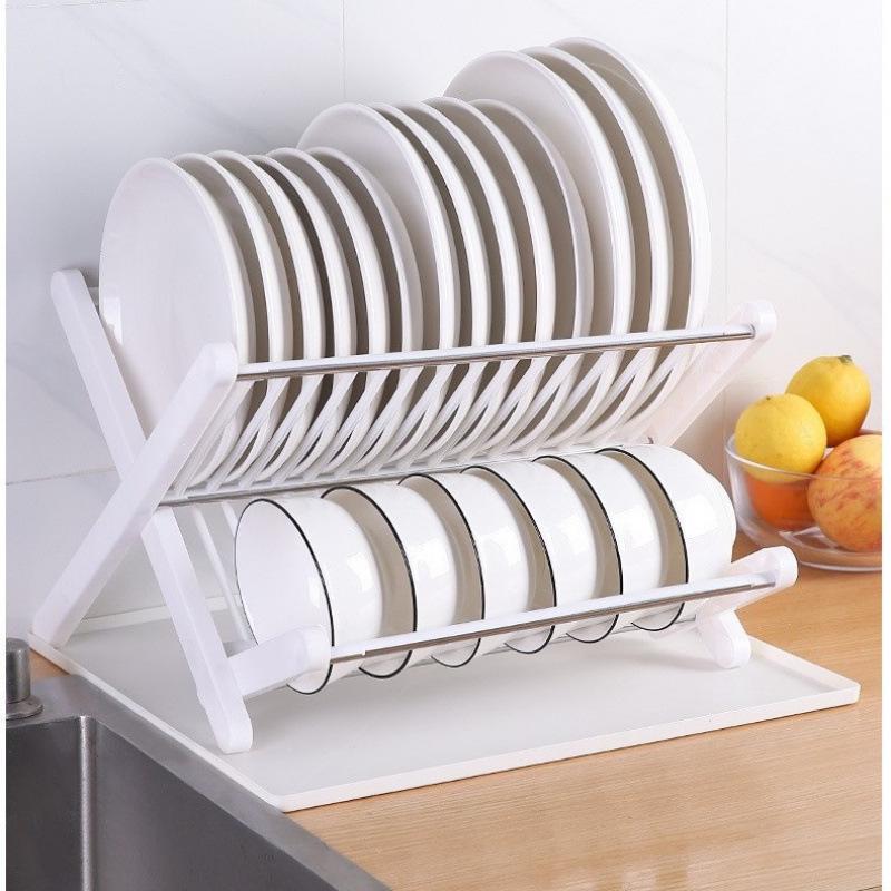Double Layer Folding Dish Rack with Cutlery Storage - No Installation Needed