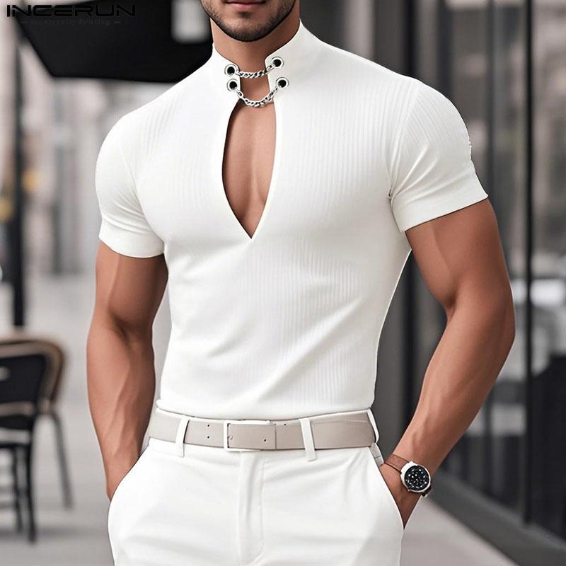 

INCERUN Men Cutout Neck Short Sleeve Texture Casual Fitted T-shirts Tops S білий