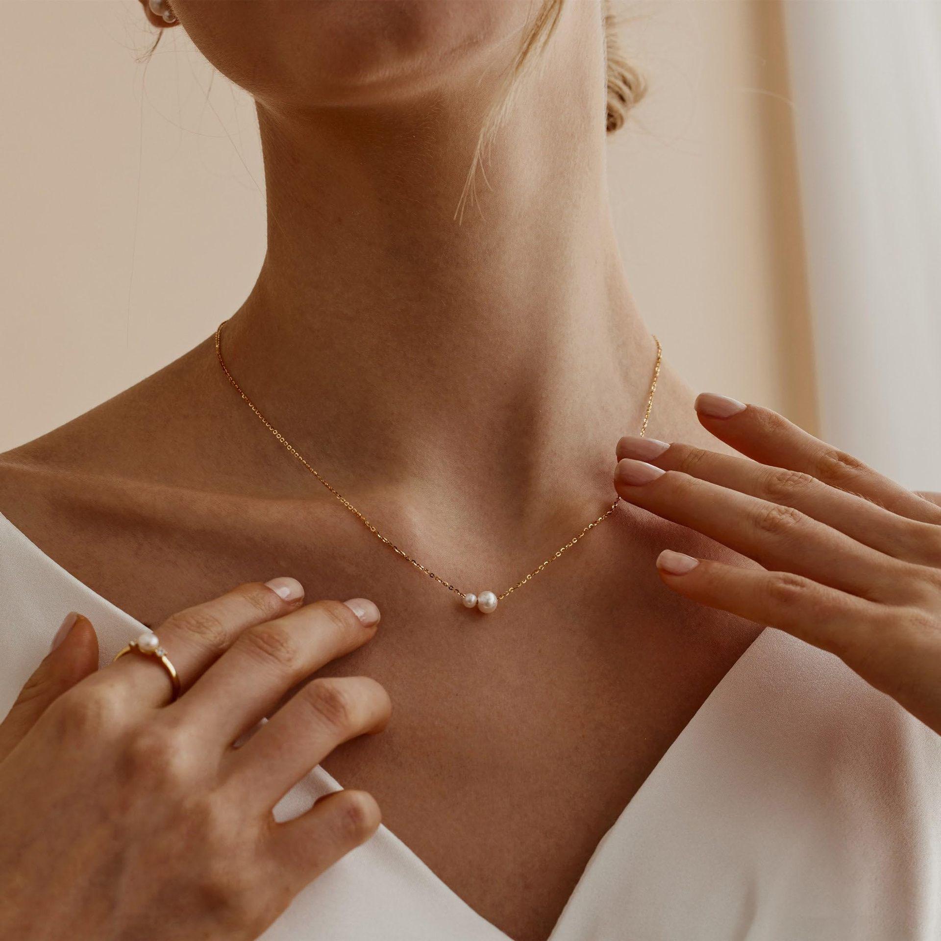 Cross-border Fashion: Simple Gold Chain Necklace with Faux Pearl Pendants Gold Plated