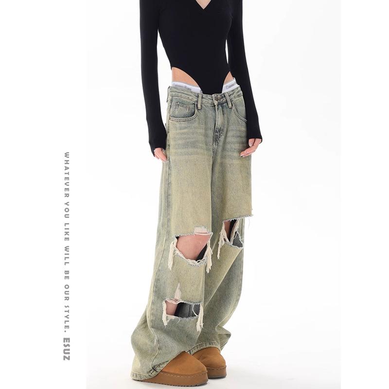 

Women s High Waist Green Retro Ripped Jeans - Summer Wide Leg, Slimming, Straight Fit L