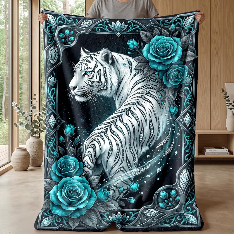 Elegant Tiger with Roses Theme blanket Lightweight Warm Flannel Blanket Decorative Throw Blanket for Home Decoration