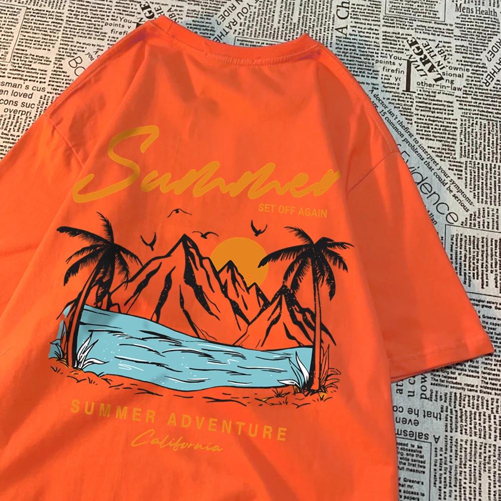 Letní dobrodružství Západ slunce Kokosová palma Horská scénická oblast Tričko Muži Ženy Hip Hop Bavlna Topy Pár Oversized Trička Pár