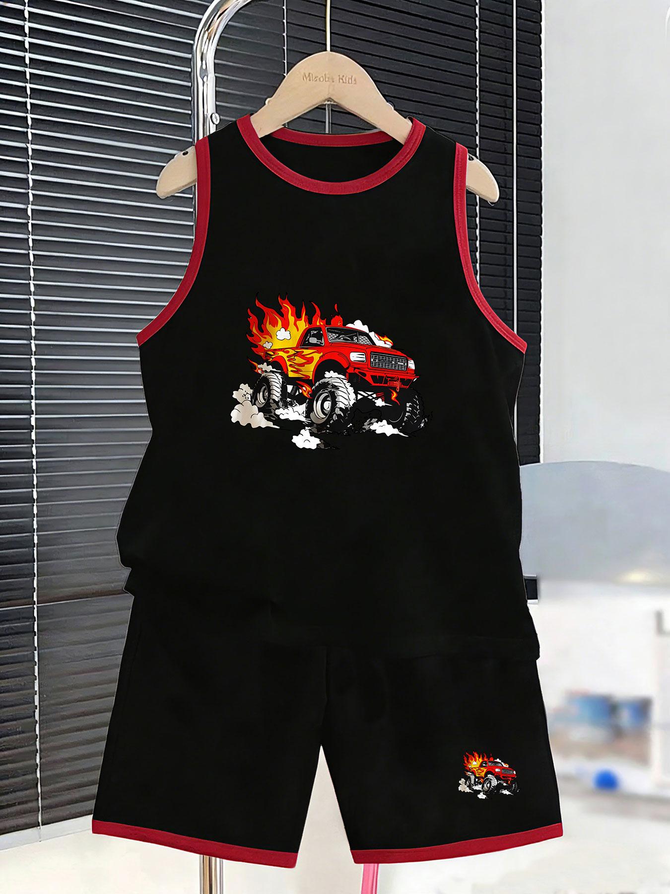 

Boys cool monster truck vest shorts with flame print. Tough stylish design, flexible fabric for active boys and outdoor play. 7Y чорний