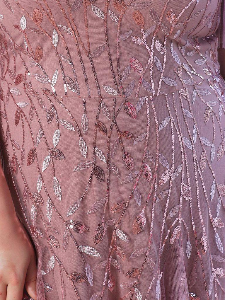 Plus Size Embroidered Sequin Evening Gown with Ruffle Sleeves and Fishtail Skirt