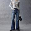 Women’s Mid‑Waist Vintage Washed Flare Jeans – Slim Fit Denim Pants – Blue Retro Style