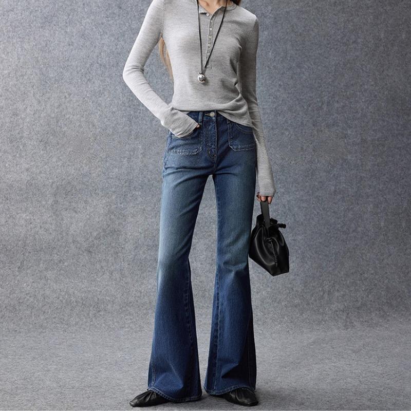 Women’s Mid‑Waist Vintage Washed Flare Jeans – Slim Fit Denim Pants – Blue Retro Style