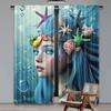 2Pcs Mermaid Curtain Woman Underwater Themed Make Up Hairstyle Starfishes Seashells Bubbles For Bedroom Living Room And Dining