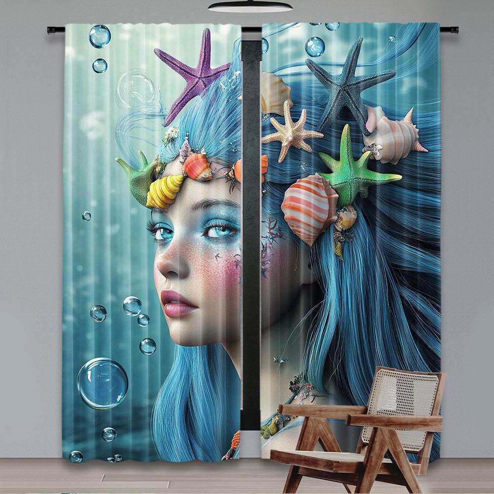 2Pcs Mermaid Curtain Woman Underwater Themed Make Up Hairstyle Starfishes Seashells Bubbles For Bedroom Living Room And Dining