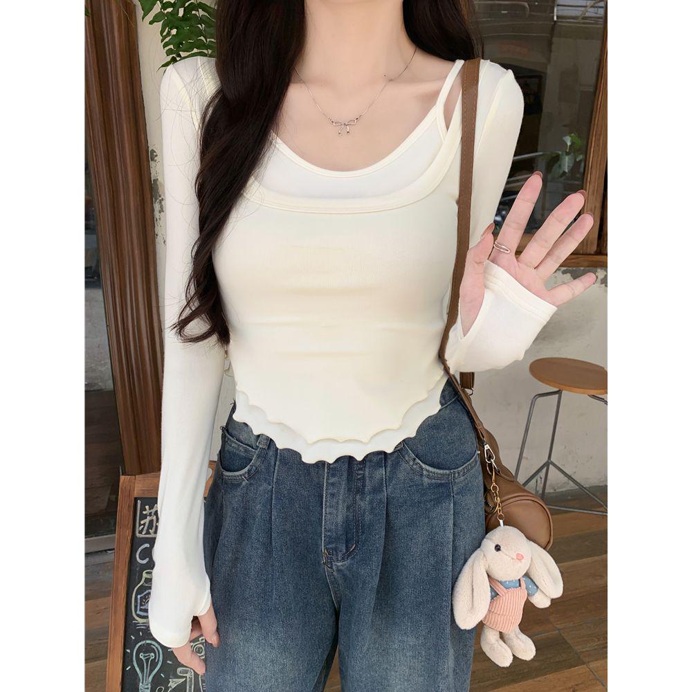 

Women s Chic Long Sleeve U-Neck Layered T-Shirt Small вершковий/абрикосовий