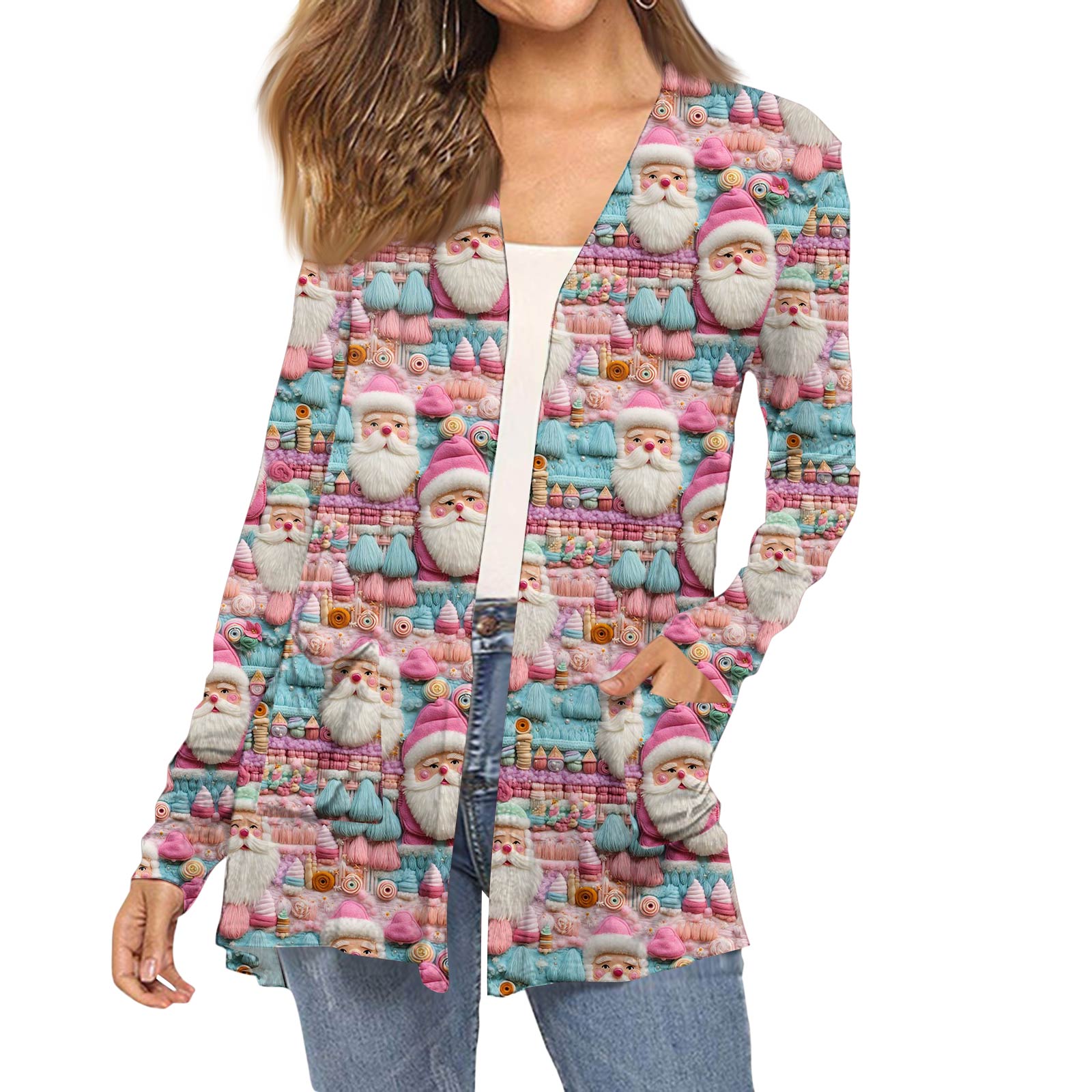 

Женский модный кардиган-пальто с длинным рукавом, карманами, приталенного силуэта и рождественским принтом XL небесно-голубой