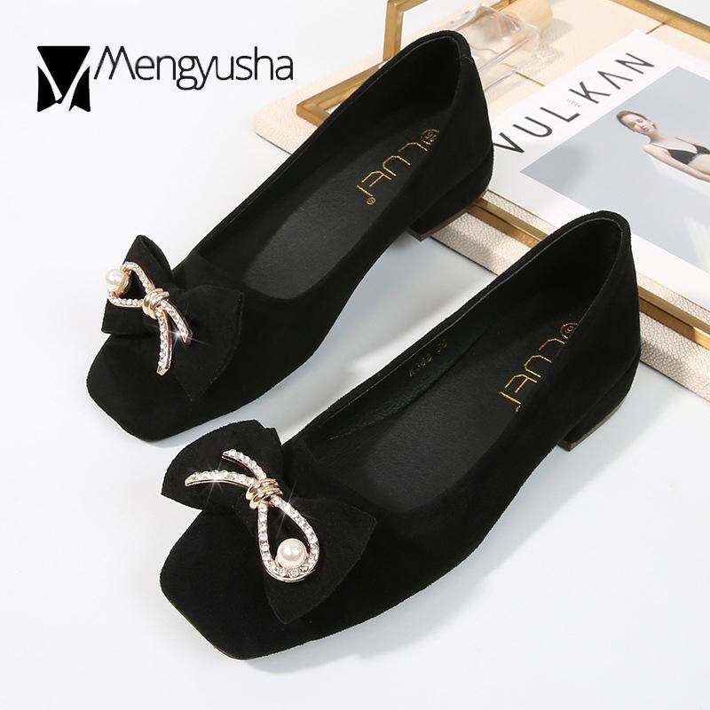 Mode Übergröße 34-43 Oma Schuhe Damen flache Mary Janes eckige Zehen dicke Absätze Slipper Perle Kristall Schleife flache Schuhe Frau