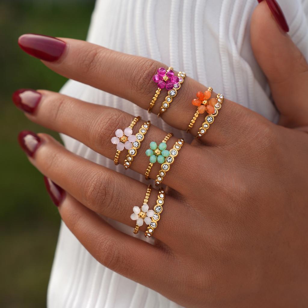 Exquisite Colorful Zircon Flower Design Stainless Steel Rings Gold Plated Waterproof Jewelry For Daily Wear Vacation Seaside