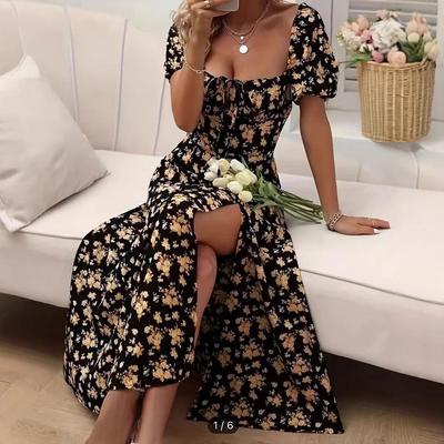 Women's Puff Short Sleeve Floral Printed Slim Split Midi Dress Square Neck Long Dress