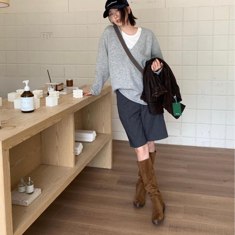 2025 new matte suede polished thick heel thin tall but knee knight women's boots