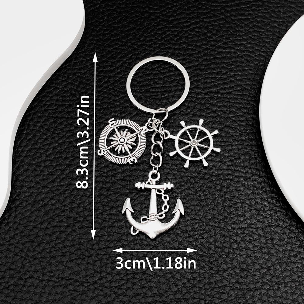 Antique Silver Nautical Ship Anchor, Wheel & Compass Keychain Pendant