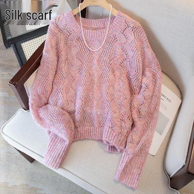 Women's Round Neck Drop Shoulder Hollow Knit Sweater
