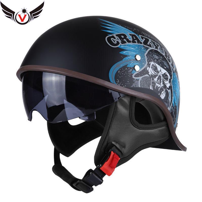 Motorcycle Helmet Men's Summer Half Helmet Retro Women's Electric Car, Locomotive Lightweight Scoop Helmet with Endoscope