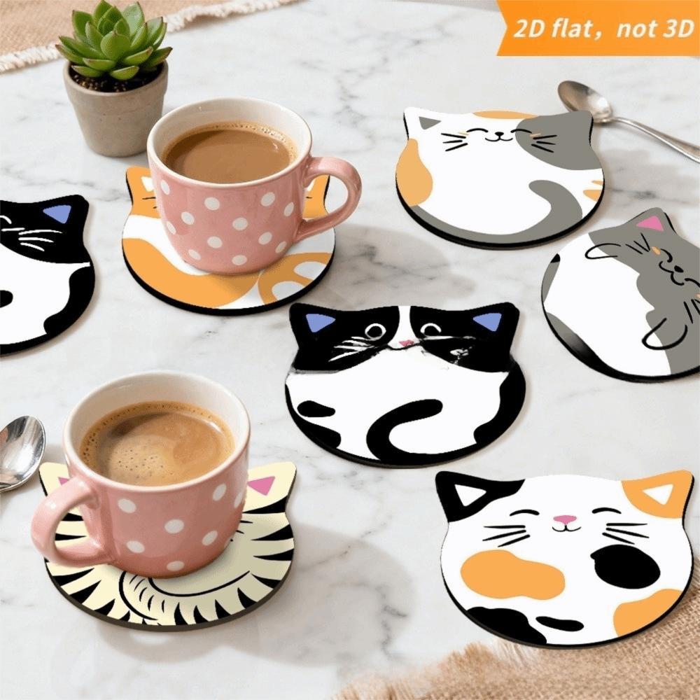 4/6pcs Round Wooden Cat Coaster Waterproof Insulation Pad Sweet Coffee Cup Mat For Coffee Table