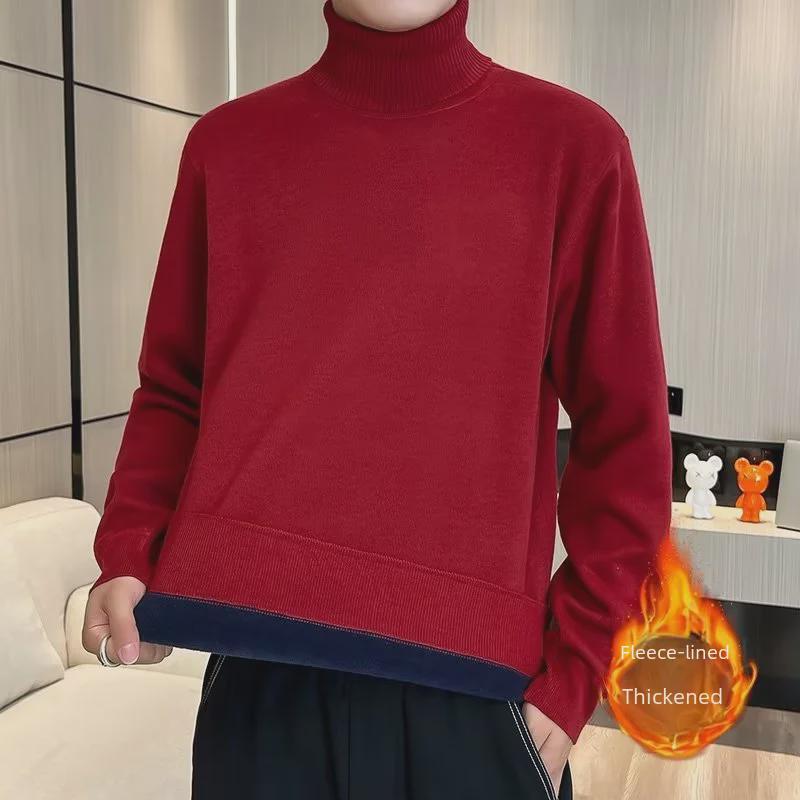 Men's Solid Color Knitted Turtleneck Sweater - Warm Velvet, Autumn/Winter Style, Mid-neck Design