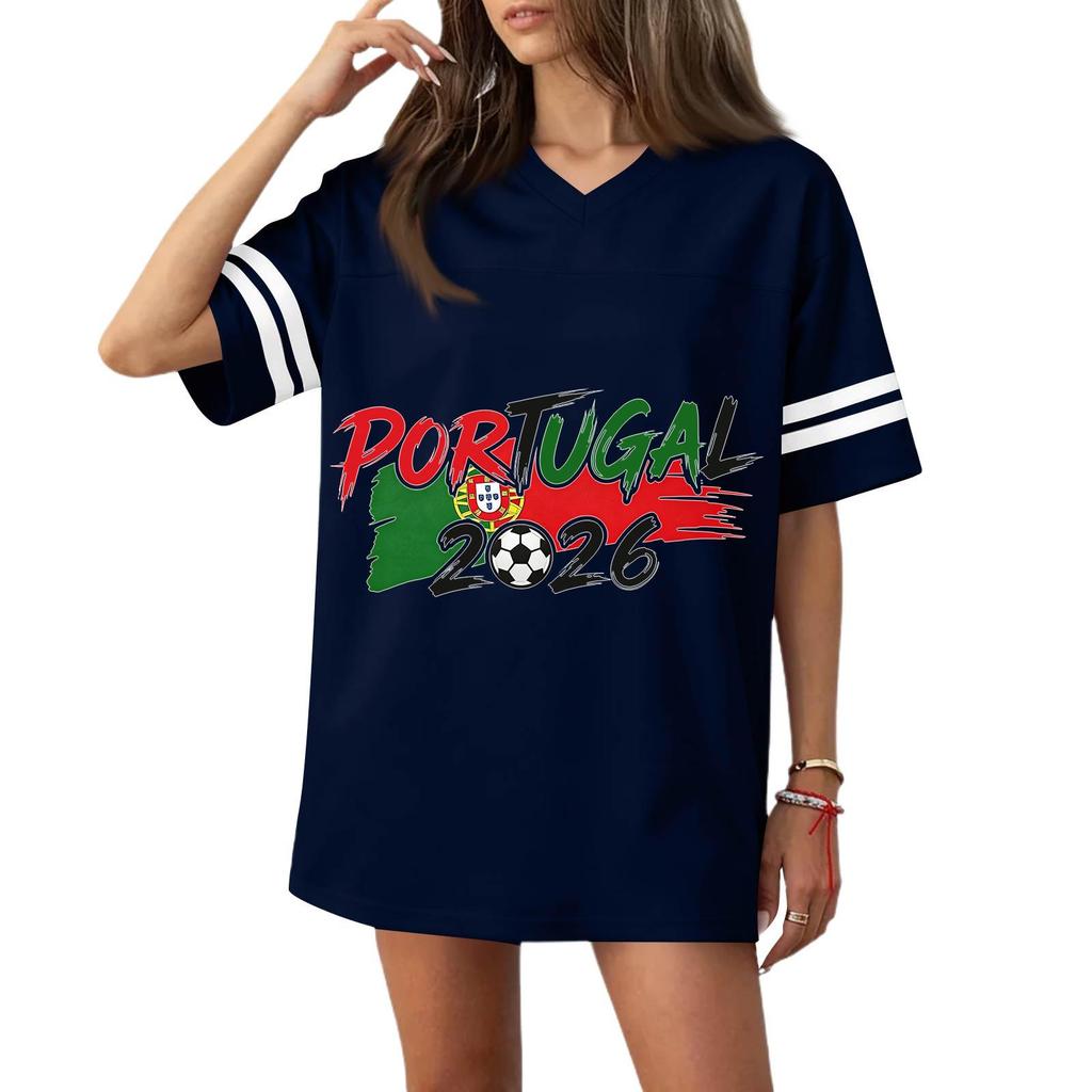 Damen Freizeit V-Ausschnitt Fußballtrikot-Stil Kurzarm T-Shirt mit Flaggen- und Fußball-Print für Sport und Freizeit