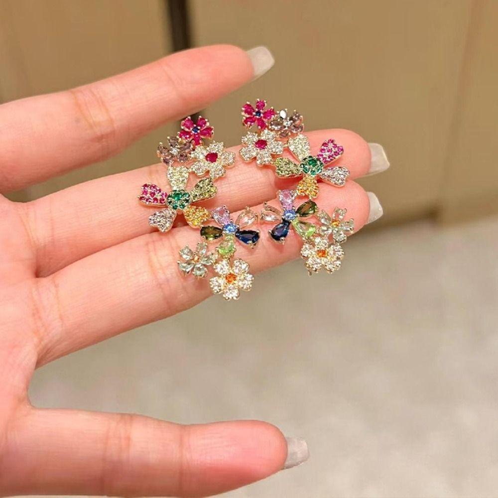 Sweet Shining Flower Earrings Colored Sweet Ear Clips Fashion Rhinestone Flower Earrings  Women
