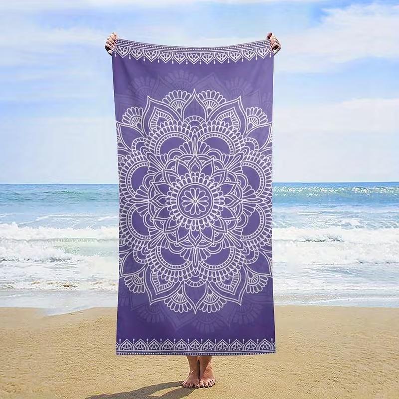 Ethnic Geometric Flowers Beach Towel Boho Floral Line Art Print Quick Dry Sandproof Absorbent Towel for Beach Travel Vacation