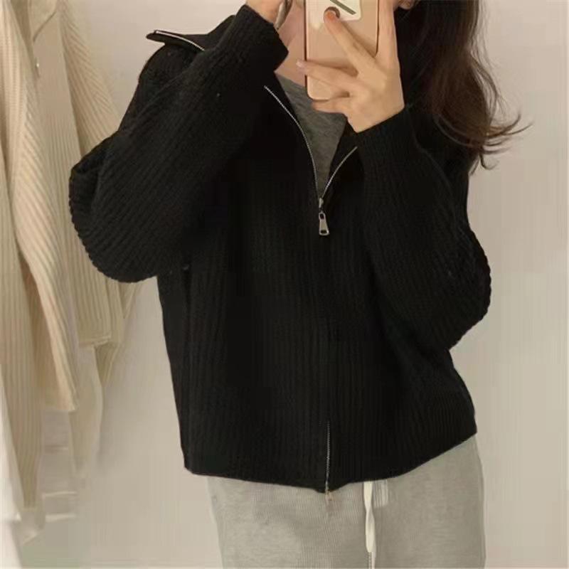 Simple Casual Versatile Lapel Knitted Cardigan Top Women's Autumn and Winter New Loose Lazy Wind Sweater Jacket