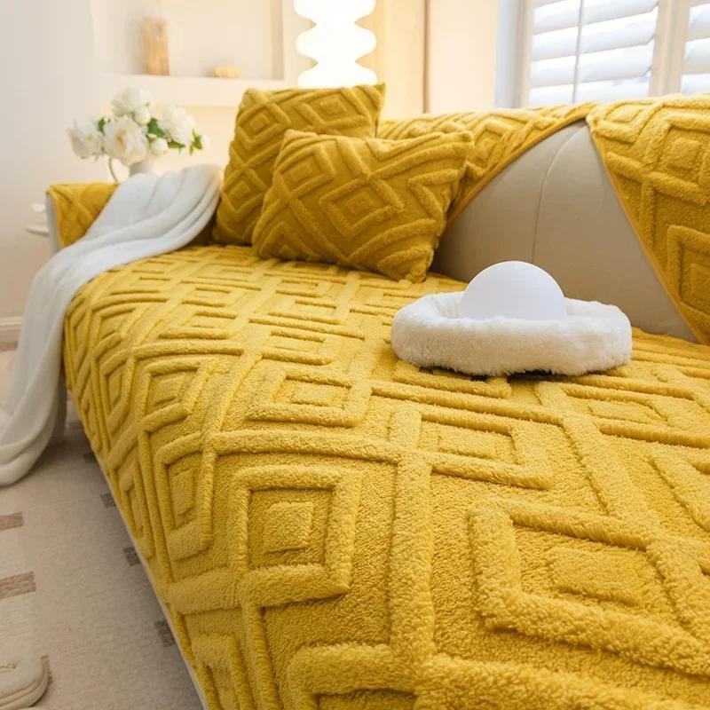 Jacquard Plüsch Sofabezug Einfarbig Rutschfest Couchkissen Handtuch Warm Winter Verdicken Sofabezüge für Wohnzimmer L-förmig