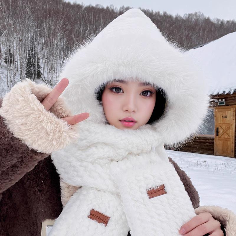 

4 in 1 Hat Scarf Gloves Mask Set Cute Cartoon Bear Ear Beanie for Women Girls Winter Warm Fleece Plush Caps Hats Outdoor Beanie
