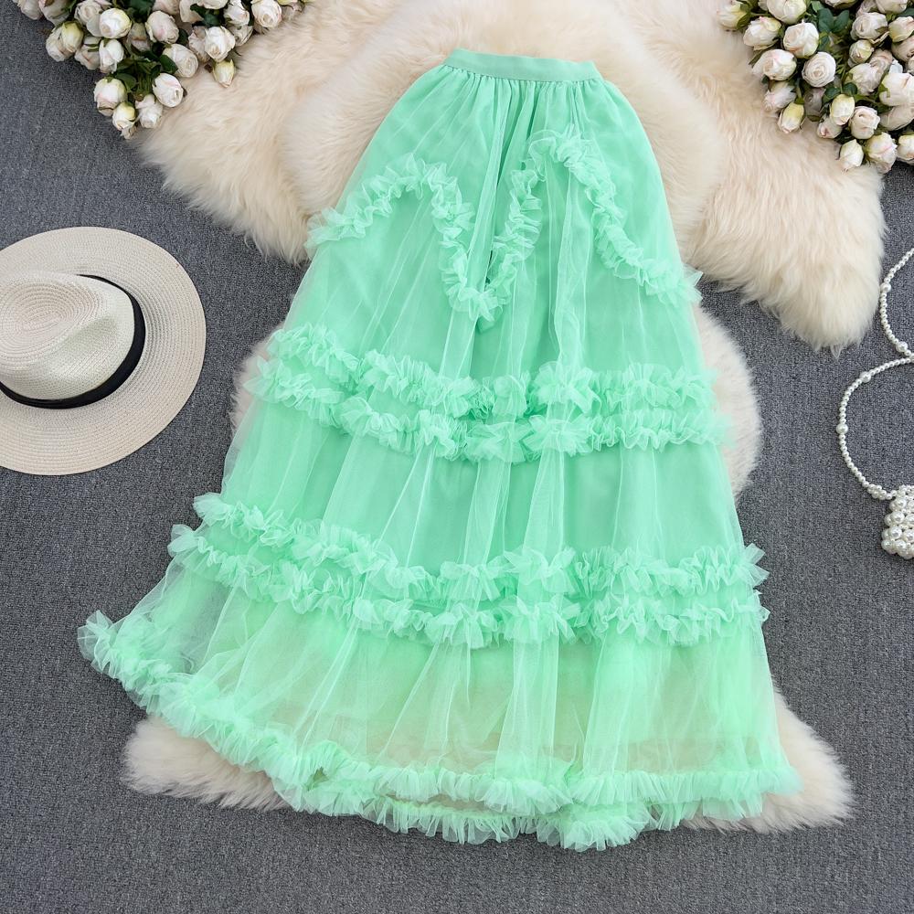 Elastic Waist Fairy Mesh Cake Skirt A-Line Skirt Summer Korean Version High Waist Slim All-Match Midi Skirt