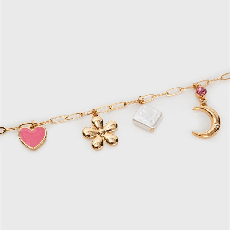 Sweet Evening Pastoral Love Collarbone Chain Pendant Moon Gold Plated Color Preserving Pearl Midsummer Flower Necklace Copper