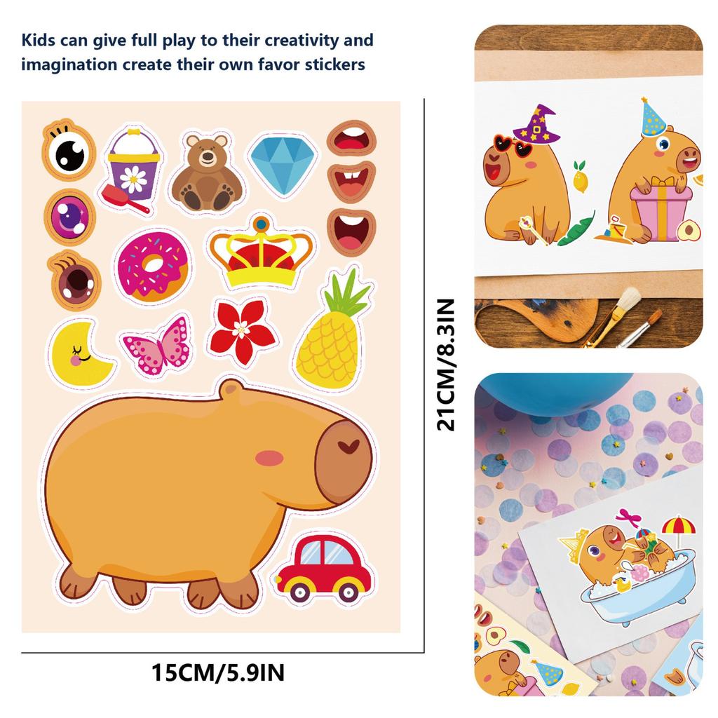 8Sheets Cute Capybara Funny Make a Face Puzzle Stickers Decoration Cartoon Assemble Jigsaw Toy Kid DIY Decoration Party Favor