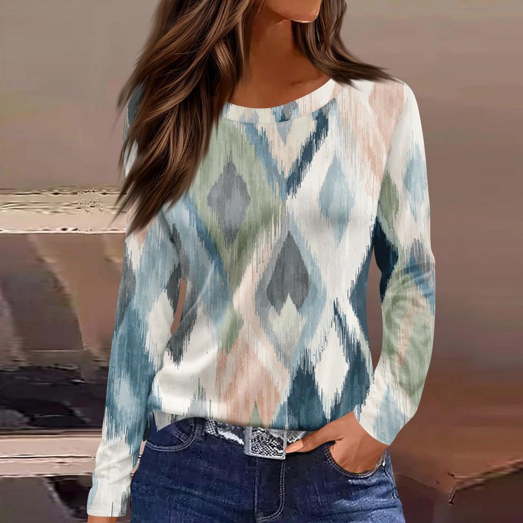 Damenmode Saum Schlitz Lässig Blumendruck Rundhals Langarm Top