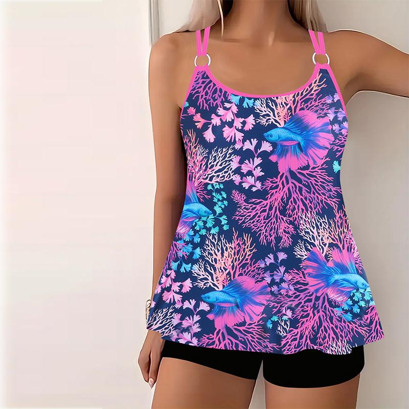 

Женские купальники танкини, комплект из 2 предметов, купальник с фрагментарными цветами, отпускные купальные костюмы 5XL пурпурно красный