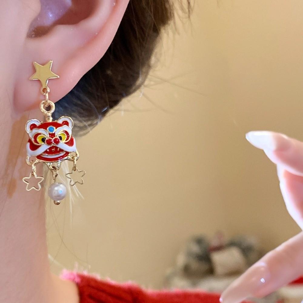 Cartoon Lion Dance Ear Studs Awakened Lion Drop Earrings Retro Tassel Lion Dance Earrings  Wedding