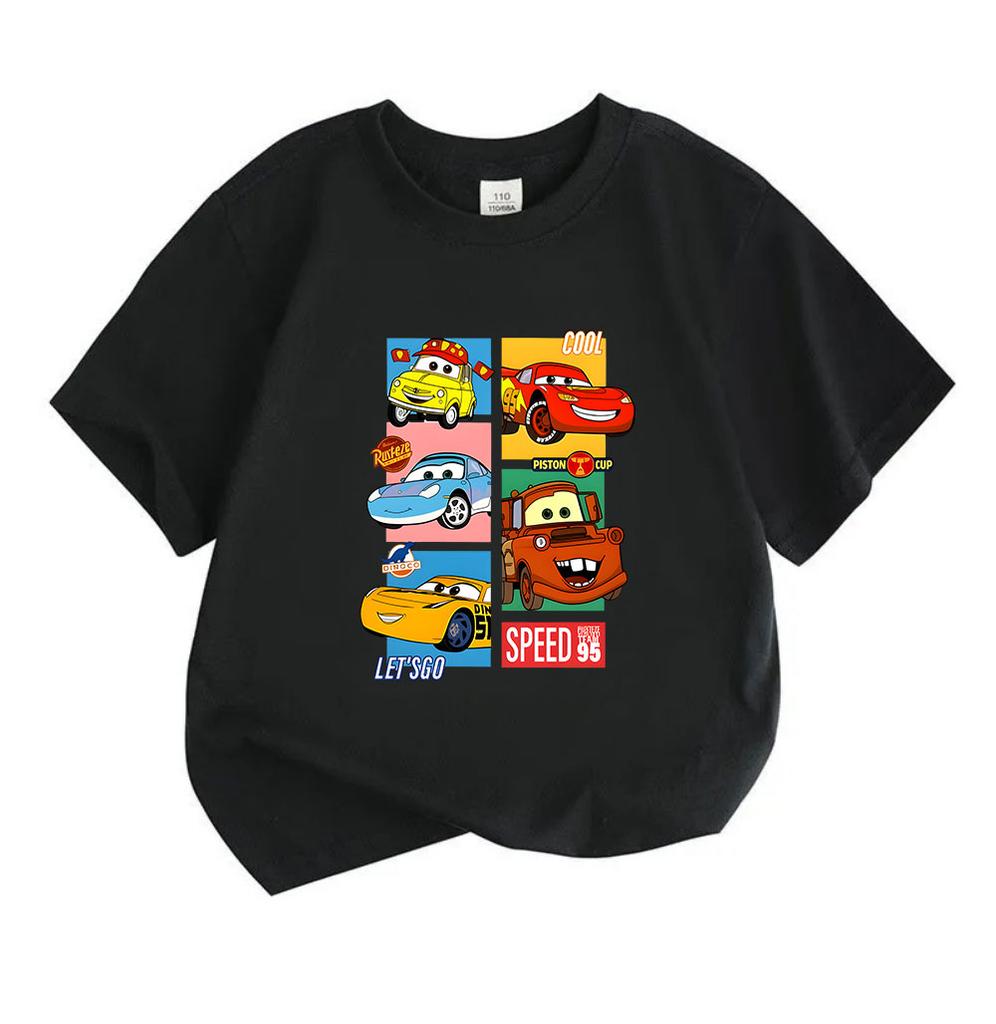Kids Boys Girls 100% Cotton Crew Neck Short Sleeve T-shirt, Cute Cartoon Racing Car Print Casual Summer Tee Tops, Comfortable Lightweight Breathable D