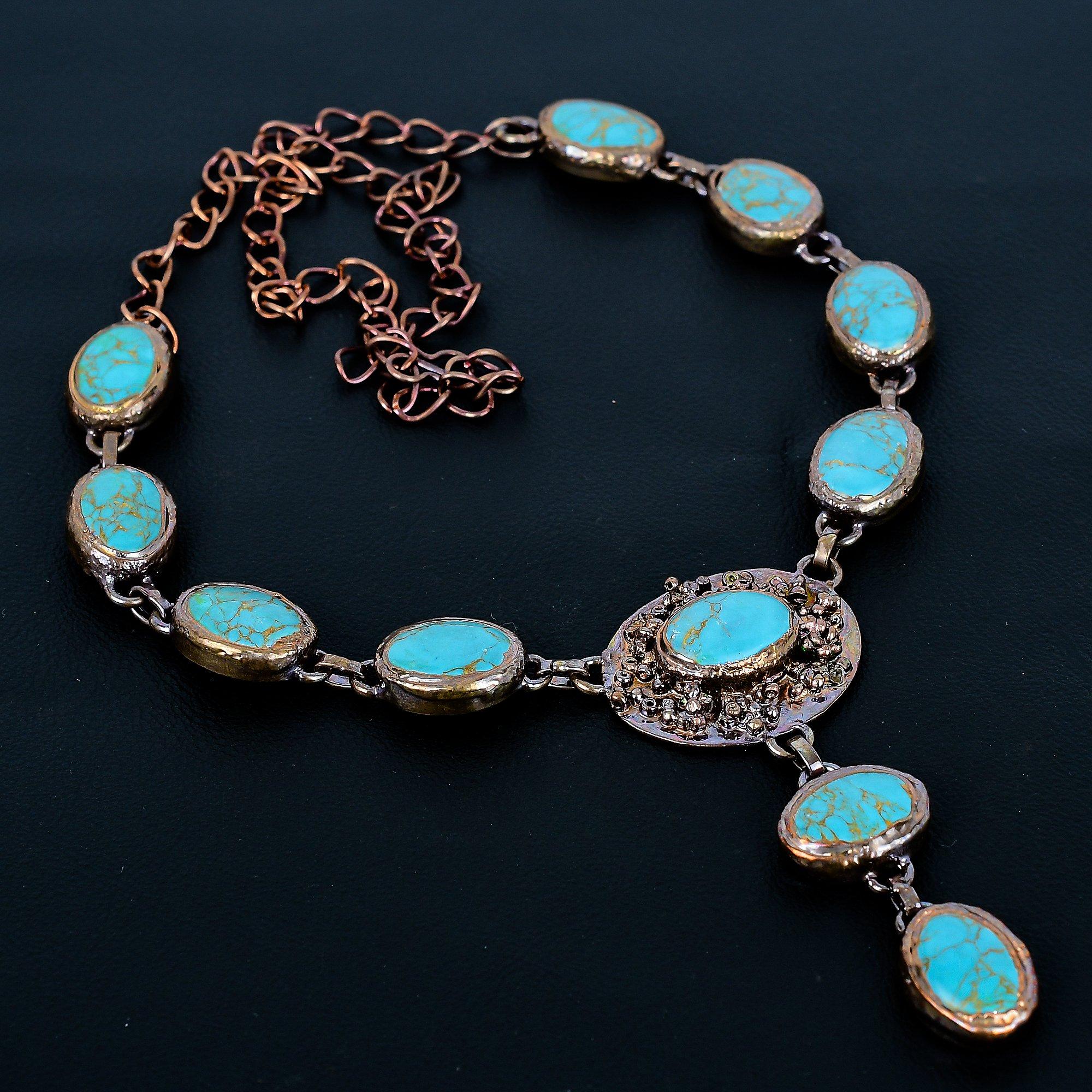

Arizona Turquoise Gemstone Necklace, Copper Electroformed Necklace Adjustable Chain Jewelry, Handmade Antique Jewelry Gift For Mother