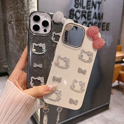 Premium Sense Flash Diamond Bow Kitty Cat Suitable for Apple 16pro Mobile Phone Case Iphone15 Silicone 14 New Model